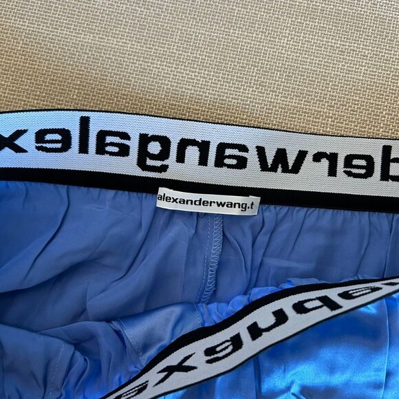 ✨ SALE NEW T by Alexander Wang Bermuda Boxer Silk Shorts Ocean Blue Logo Elastic - Picture 7 of 10